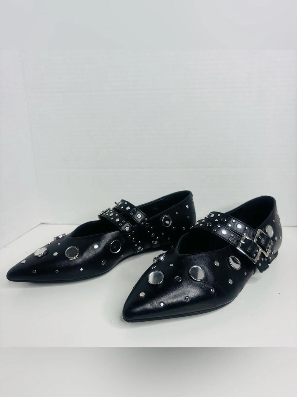 Free People Black Pointed Toe Double-Buckle Stud Flats